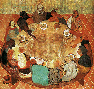 St. Vincent with the poor around the table of Christ. 