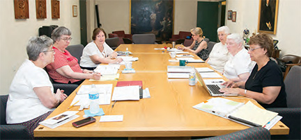 The 2015 Assembly Steering Committee has been meeting since June 22, 2014. Left side from left: Sisters Jane Iannucelli, Margaret O’Brien, and Mary Ellen McGovern. Right side from right: Sr. Kathleen McCluskey, CSJ, Assembly Facilitator, Sisters Elizabeth Vermaelen and Elaine Owens, and Anne Gray, Steering Committee Secretary. 