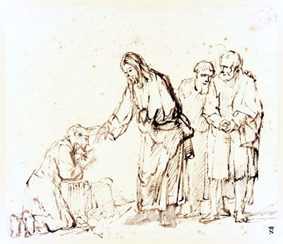 Jesus heals the leper by Rembrandt.
