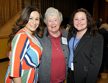 Sr. Nancy (center) at the 2018 CHS Reunion with Principal Spagnuolo (left) and past Director of Development Regina Cialone. 