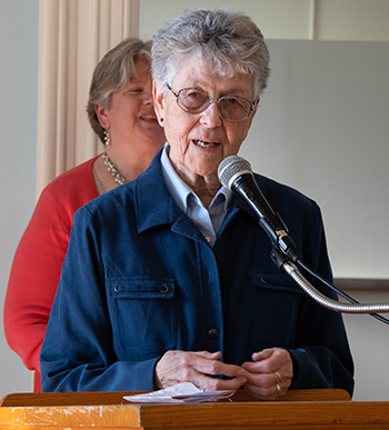 Sister Margaret Egan addresses those gathered for her farewell party.